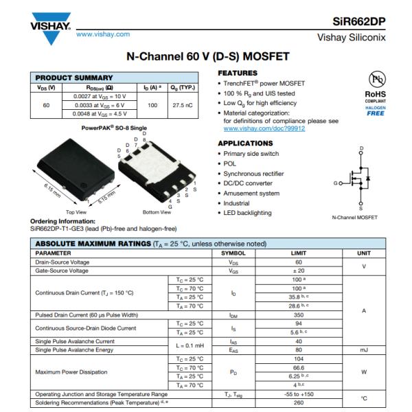 SIR662DP-T1-GE3 N-Channel MOSFETs 60 V 60A (Tc) 6.25W (Ta)/104W (Tc)