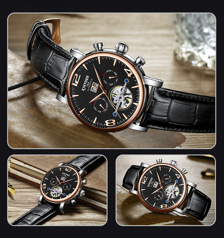 J030-4 KINYUED Mens Automatic Mechanical Watch Tourbillon Leather Waterproof Mechanical Watches