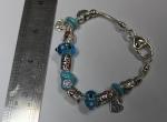 European Style Silver Charm heart shape Bracelet 19cm. Aqua Murano glass beads