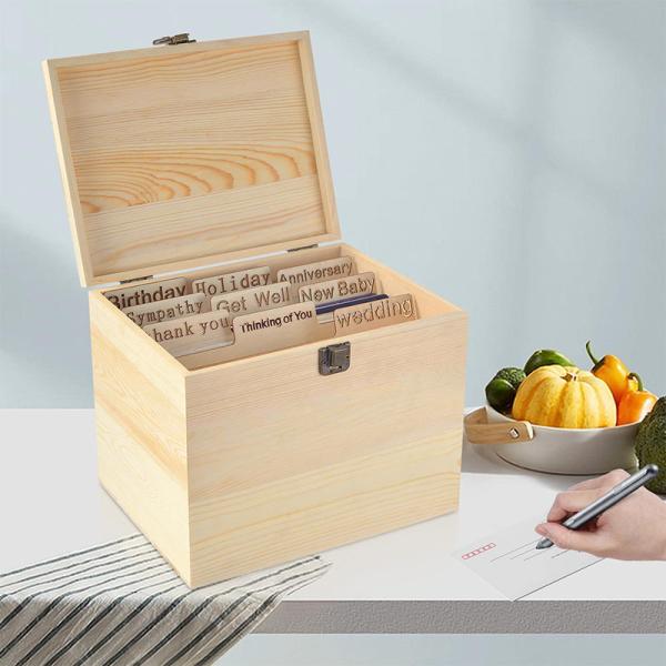Modern BAMBOO Greeting Card Organizer Box With Dividers And Lid Stylish Design
