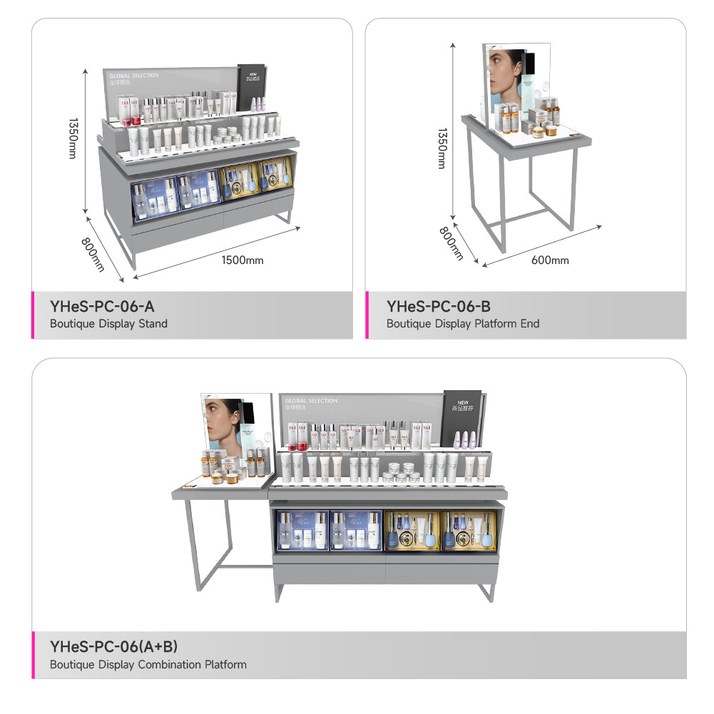 Skincare Shop Gray Wooden Display Rack Washing & Care Shelves with Light-box for Cosmetic Shop Fitting and Retail Store Design