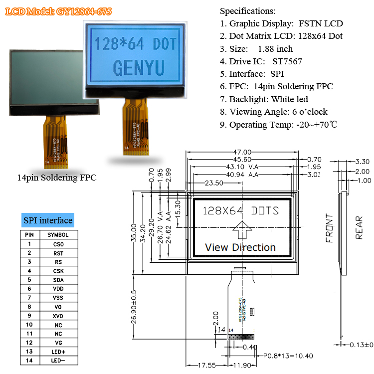 128x64 Fstn COG LCD Display Module I2c Spi St7567 26pin Screen Monochrome Display 12864 Mono LCD Graphic Display ST7567 or UC1701