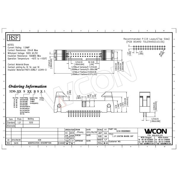 1.27mm pitch latch header connector 10 - 100 pins Au or Sn over Ni brass