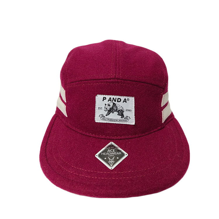 Fashion Custom Wool 5 Panel Camper Hat For Children Red Color 56-62CM