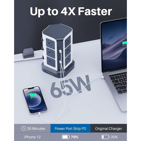 USB C Desktop Charging Tower Surge Protector OEM With 12 Widely Spaced AC Outlets