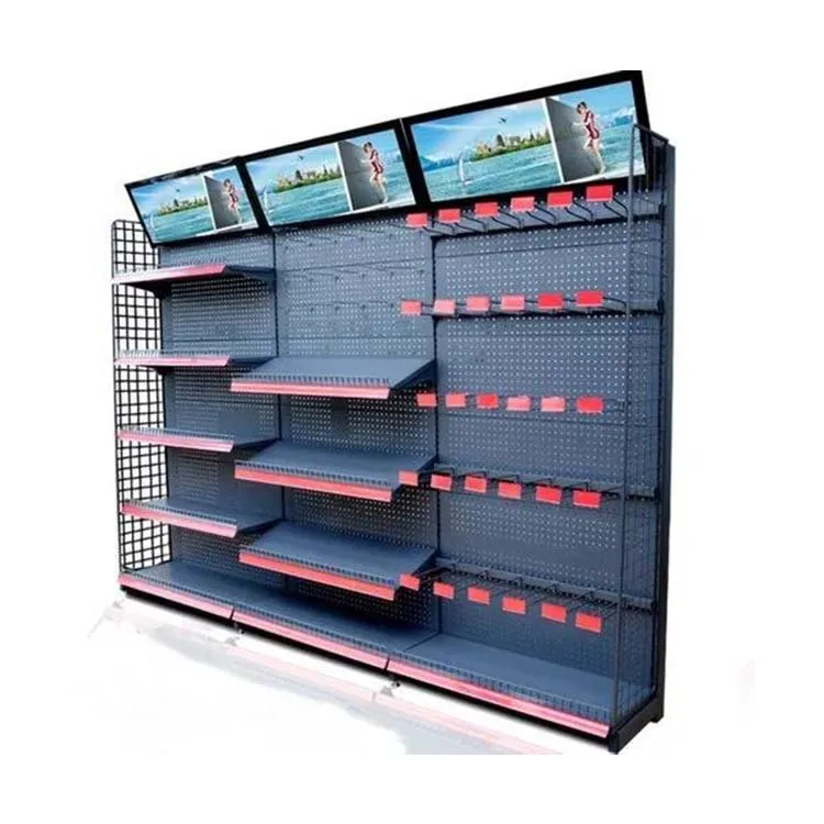 Factory customized color size metal heavy duty supermarket stand wall shelves for cosmetics display gondola