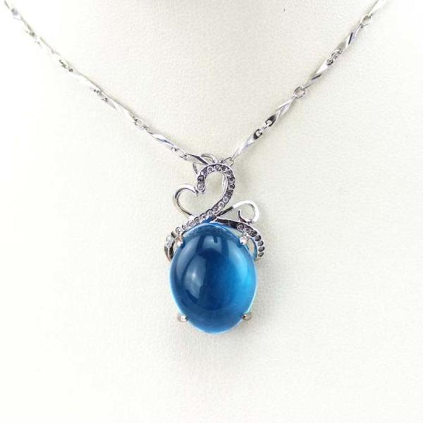Sterling Silver Oval Created BlueTopaz Dome Cubic Zircon Gemstone Pendant Silver