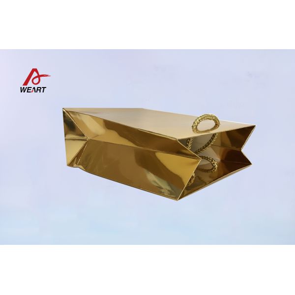 Customized Shiny Glod Lamination Paper Shopping Bags With Shiny Gold Handle