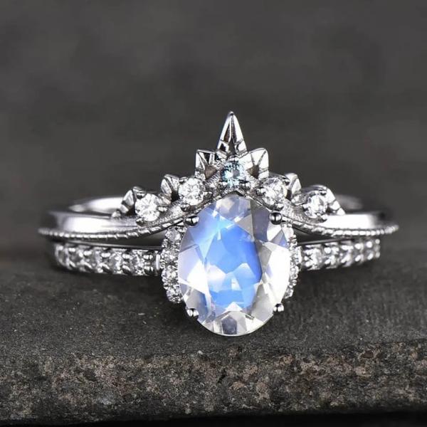White Gold Oval Moonstone Art Deco Unique Engagement Ring Set 925 Sterling