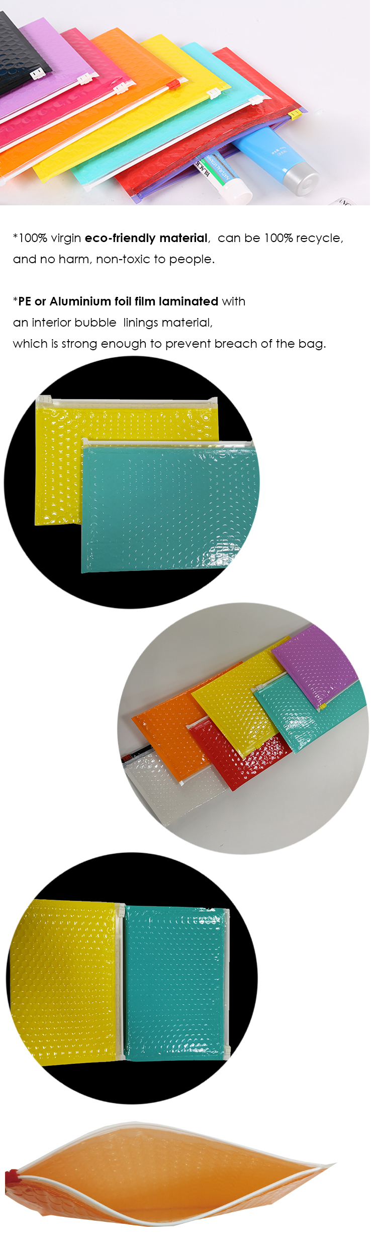 Custom a5 ice blue metallic holographic padded envelope mailers poly zipper bubble bag