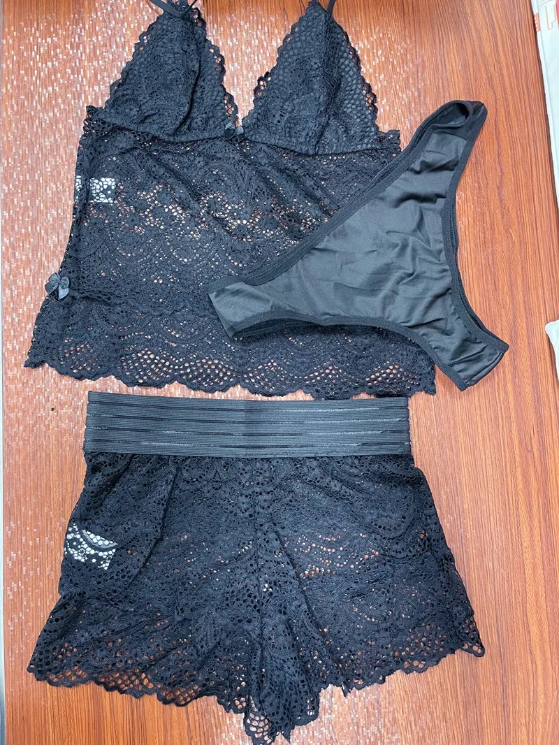 3 Pieces Plus Size Underwear Panties Bra Set Sexy Lace Hollow Out Lingerie For Women'S Pajamas