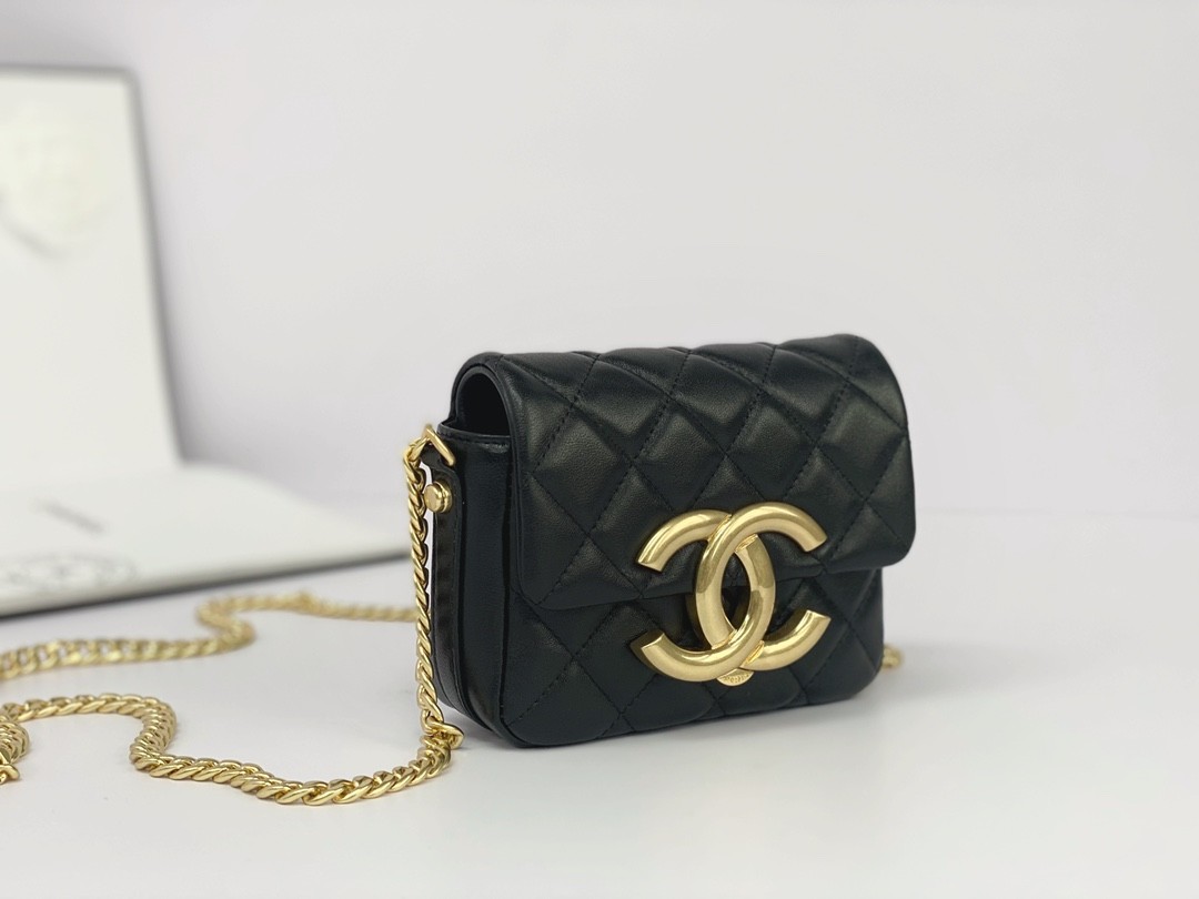 Black Lambskin Leather Branded Messenger Bag Chanel Flap Phone Holder