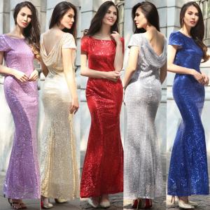 China hot sale polyester short sleeve long women Bodycon evening beaded dress with gold sequin in red blue purple gray beige on sale