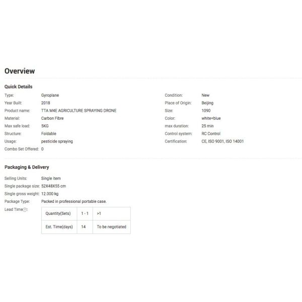 Internal Threaded Connection Tta M4e 5L Accuracy Unique Drone Sprayer Uav Agricultural