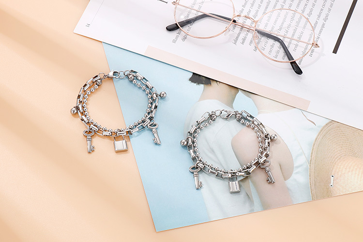 Fashion Jewelry Double Chain Link Stainless Steel Lock Pendant Bracelets for Women Accessories