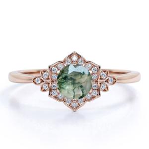 Wholesale Vintage Design 4 Prong Round Shape Milky White Druzy Moss Green Agate And Moissanite Floral Cluster Engagement Ring from china suppliers