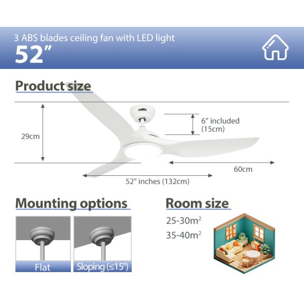 52 Inch Ceiling Fan with High-Speed DC Motor Optional LED Light Ideal for Residential and Commercial