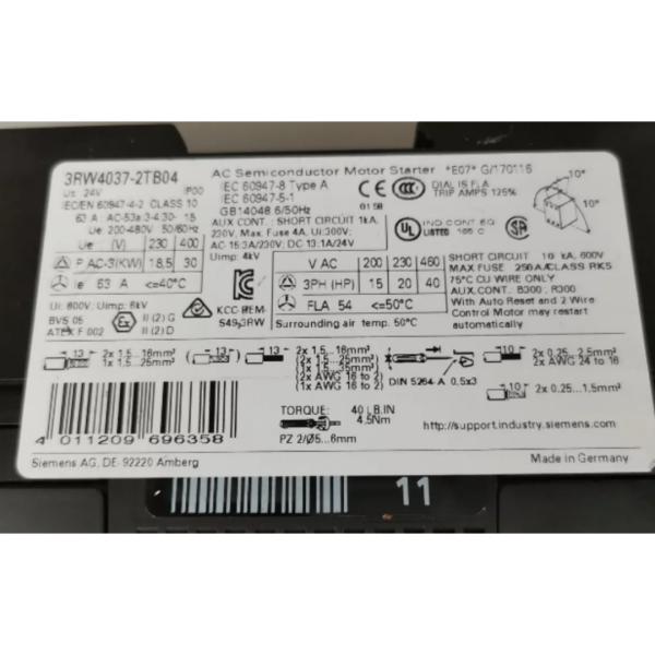 SIEMENS 3RW4037-2TB04 SIRIUS SOFT STARTER S2 63 A, 30 KW/400 V, 40 °C 200-480 V