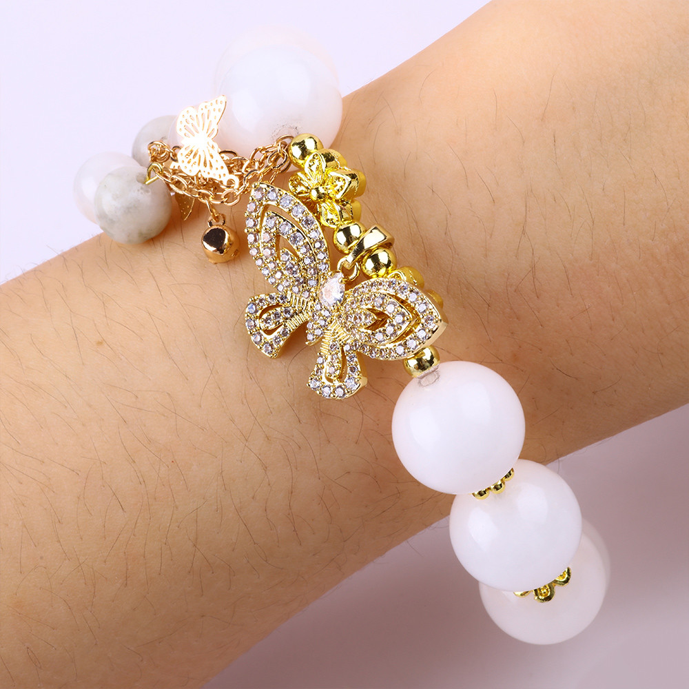 Natural White Agate 14MM Crystal Single Circle Hand String Butterfly Charm Bracelet For Gift