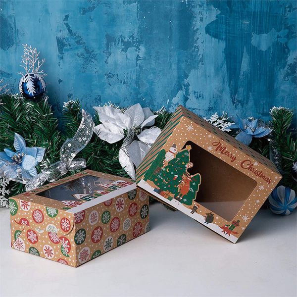 CMYK Kraft Paper Bakery Boxes With Clear Window for Christmas Brown Bakery Cookie Cupcake