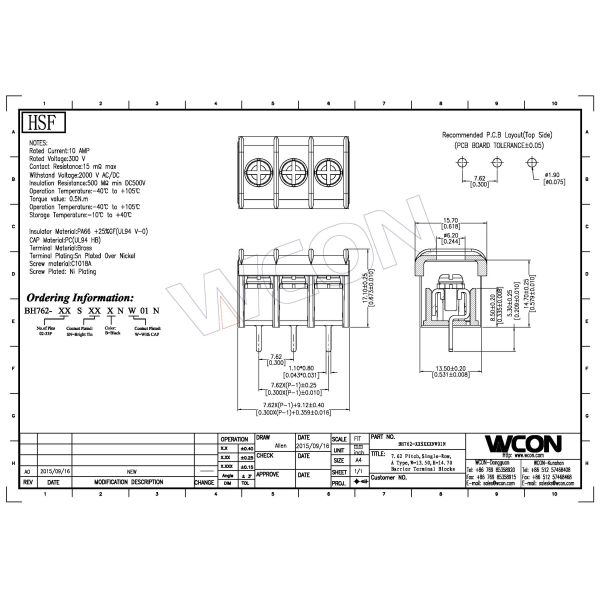 7.62 Barrier Terminal Block Connector 1*3P A Type Without Fix Hole&W/T CAP H=14.7 ROHS