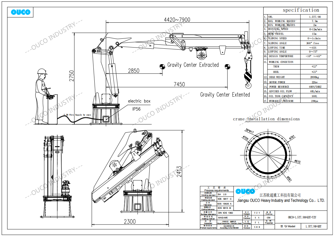 Telescopic Custom Marine Knuckle Boom Cranes 1.5t8m, Compact and Small Cranes