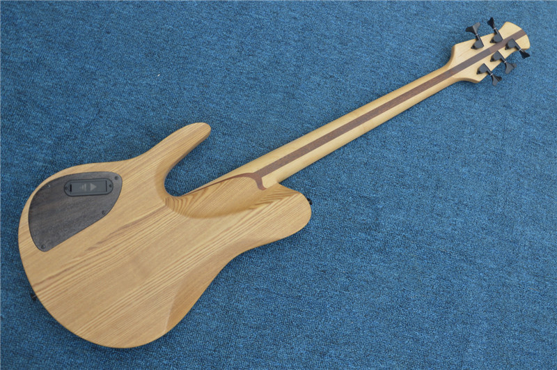 Custom 5 Strings Neck Through Ash Body Burl 3 Piece Neck Electric Bass Guitar in Natural Wood