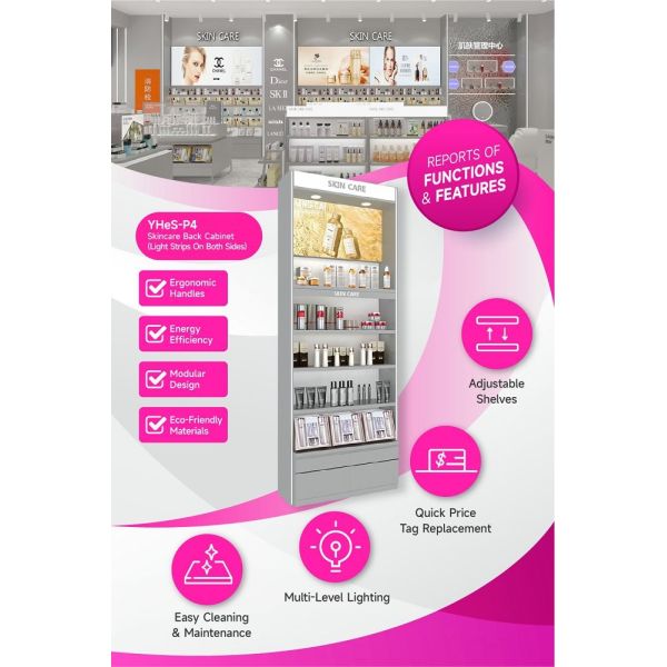 YHeS-P4 Adjustable Shelves Skincare Display Cabinet with LED Slim Spotlights
