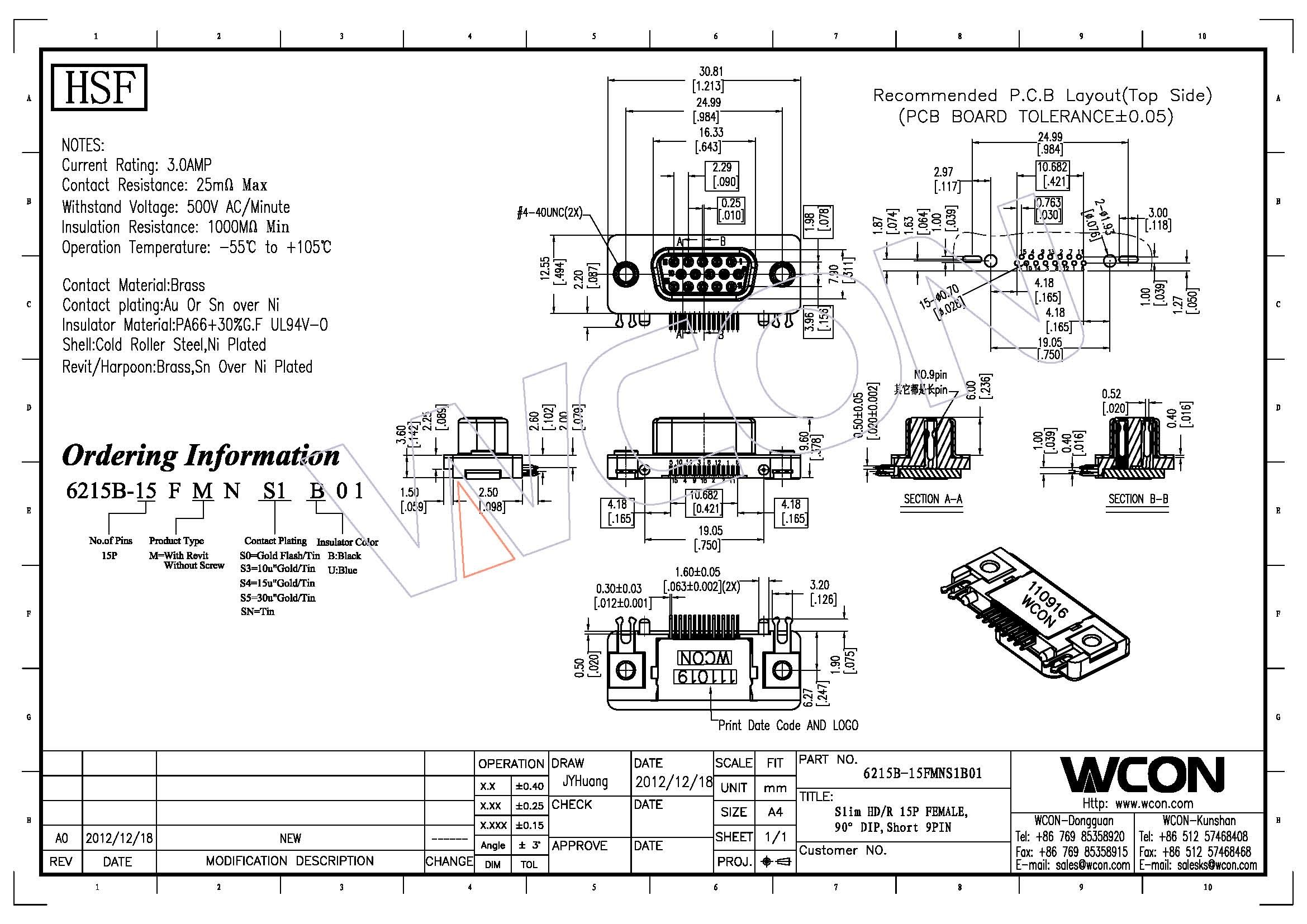 PA66 15 Pin female D Sub Connector phosphor bronze slim with WCON logo ROHS