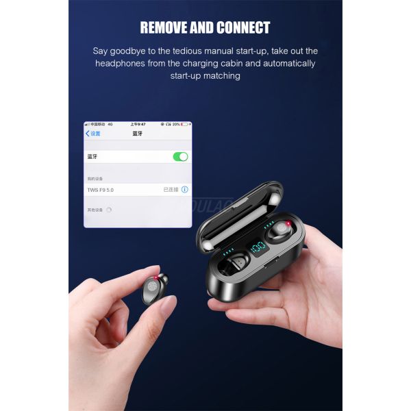 Wireless Earphone Bluetooth V5.0 F9 Tws Wireless Bluetooth LED Display Headphone (With 2000mAh Power Bank Headset, With Microphone)