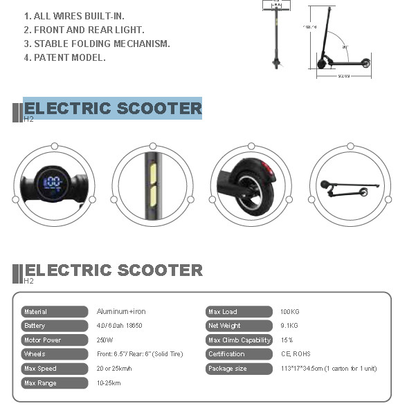 Aluminum Iron H2 Commercial Electric Scooter 20 or 25km/h