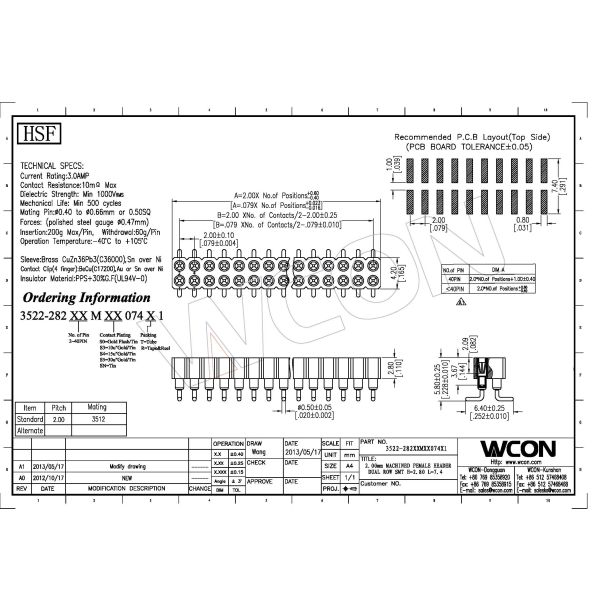 Straight SMT Maching Round Pin Header 2.00mm 2*20P Circuit Board Connectors