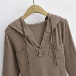 Summer V Neck Long Sleeved Slim Hooded Dress With Side Slit Buttock Skirt