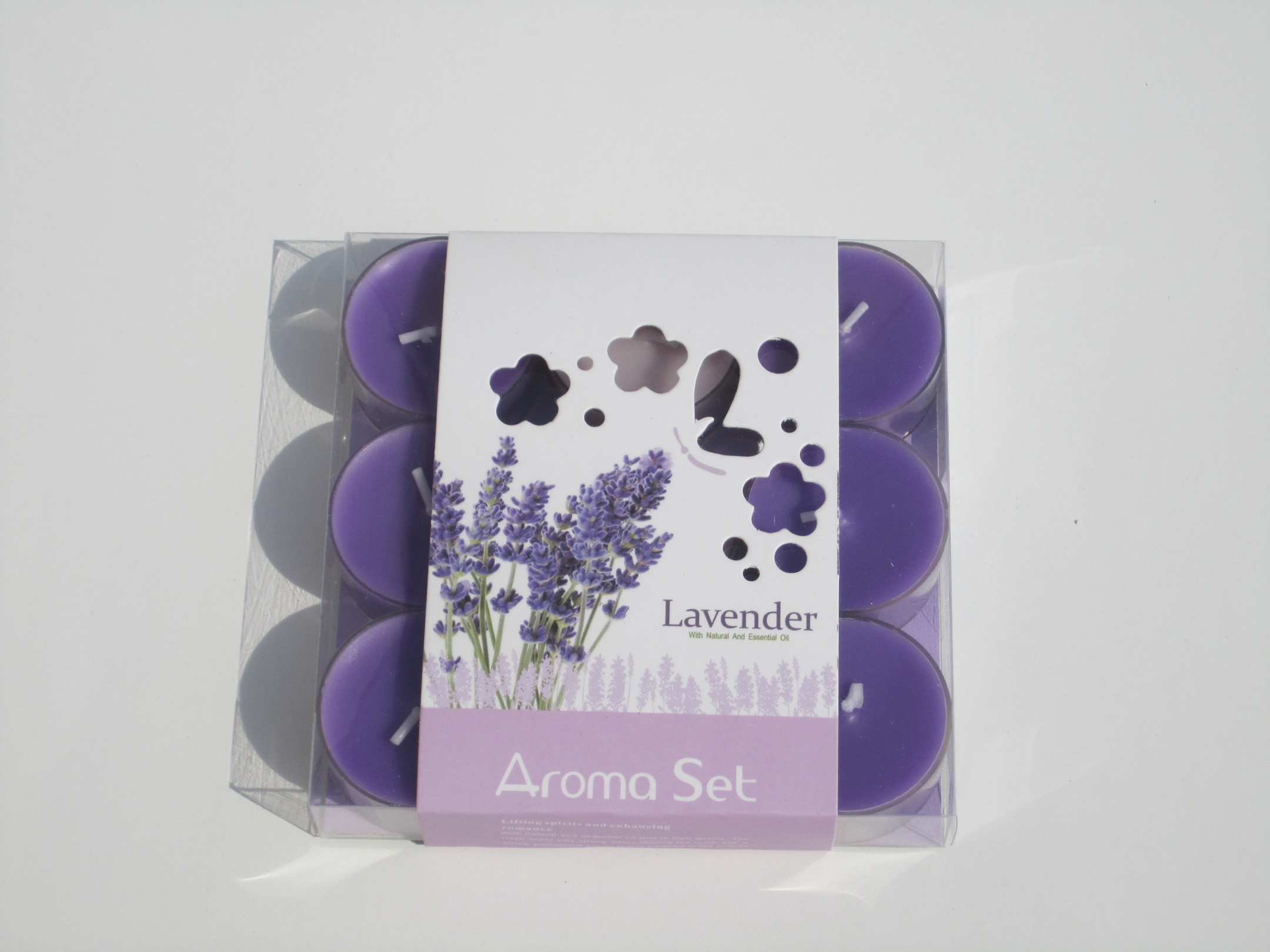 9pk purple lavender fragrance tealight candle with printed wrapping label packed into clear box