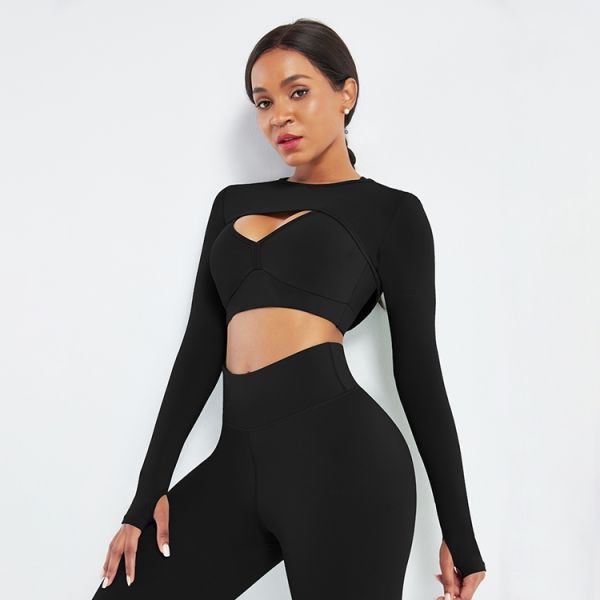 Long Sleeves Sports Crop Top with Thumb Holes in Polyester/Spandex Fabric by HEXIN