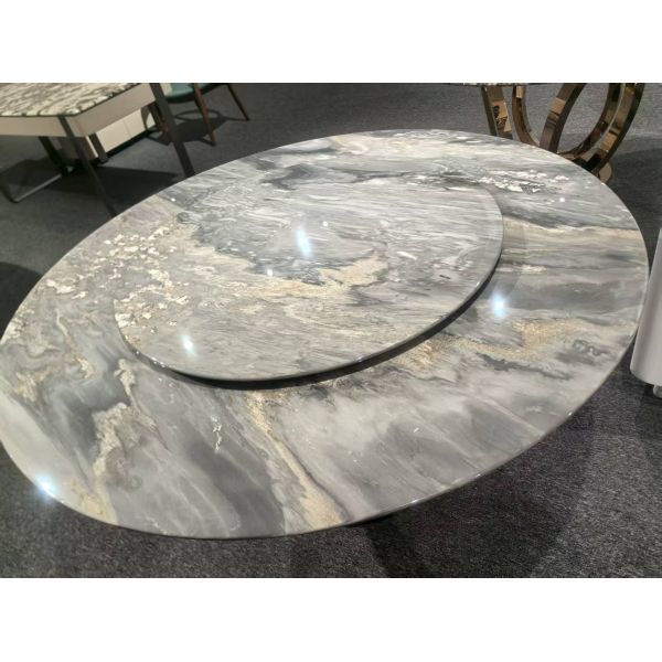 Italian Palissandro Blue Marble Round Dining Table with Polished Surface and Gray Blue White Veins