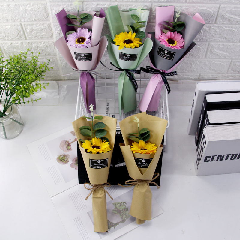 Cross border hot selling sunflower eucalyptus single bouquet, Teacher's Day gift, teacher soap flower, Valentine's Day promotion bouquet
