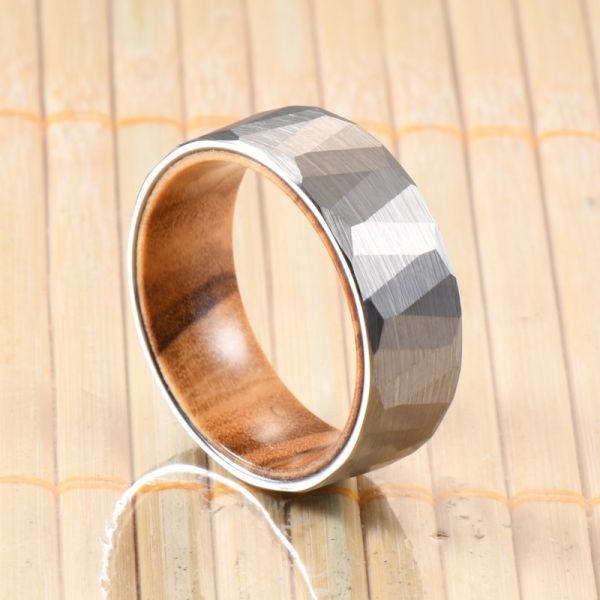 Sample Making Service Provided 8mm Faceted Silver Black Wedding Band Olive Wood Sleeve Inlay Tungsten Ring for Men Women
