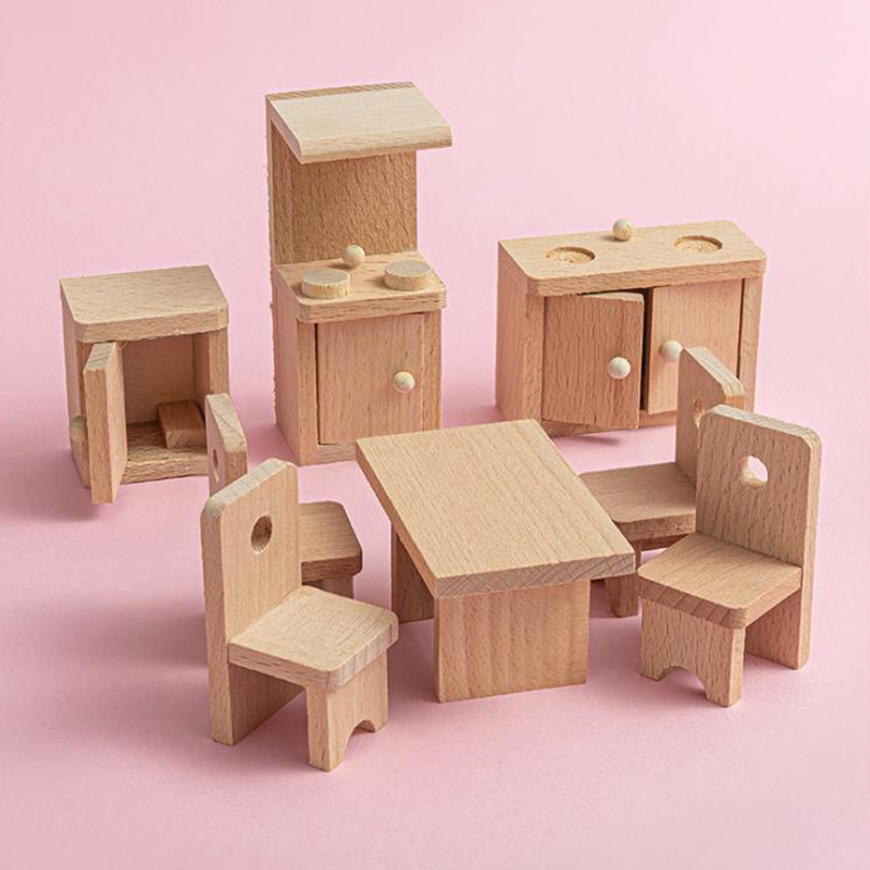 Wooden Dollhouse Dining Room Table Furniture For Kid Gift Education