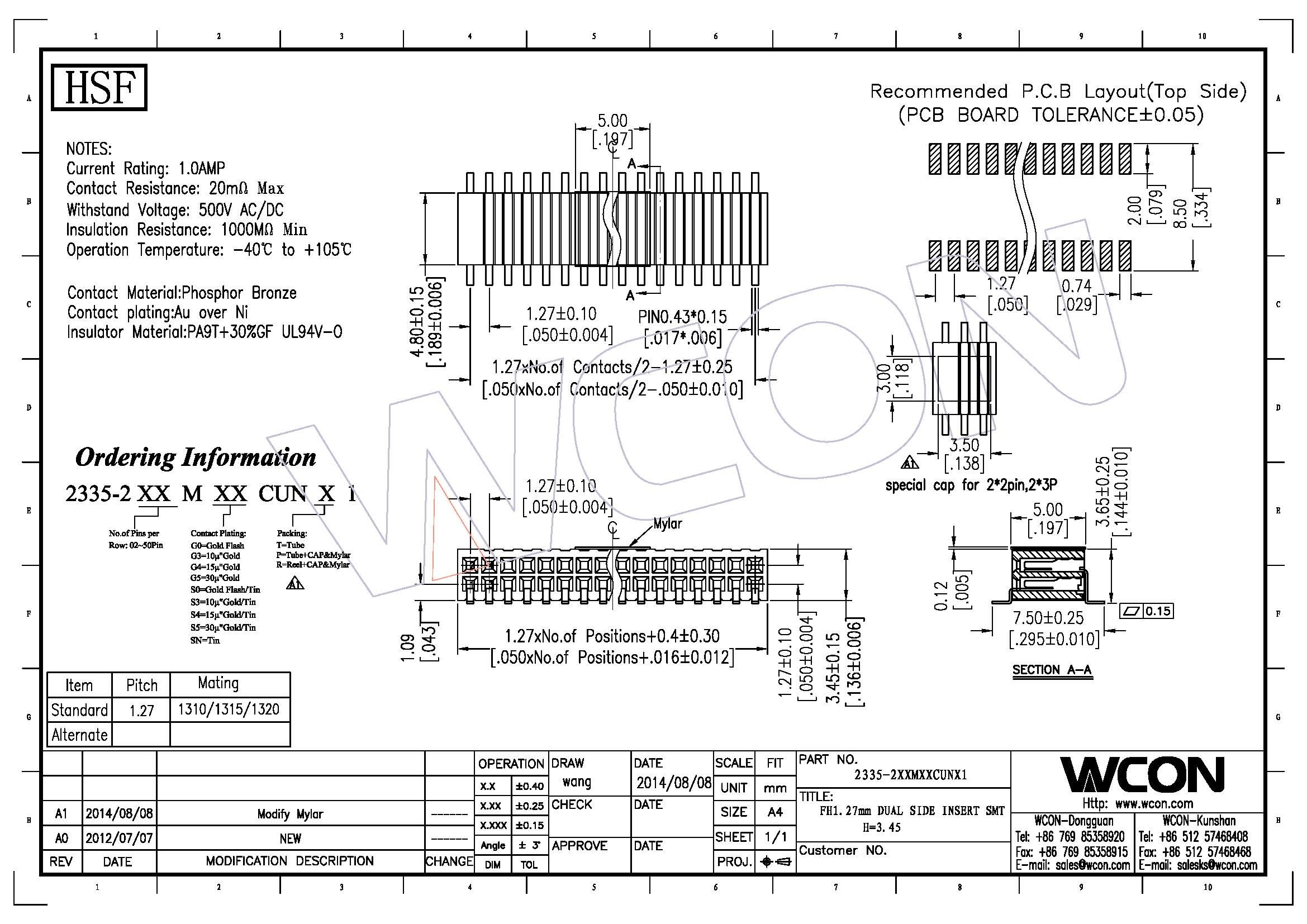Dual Side Insert SMT 20 Pin Female Header Connector Board To Board H=3.45