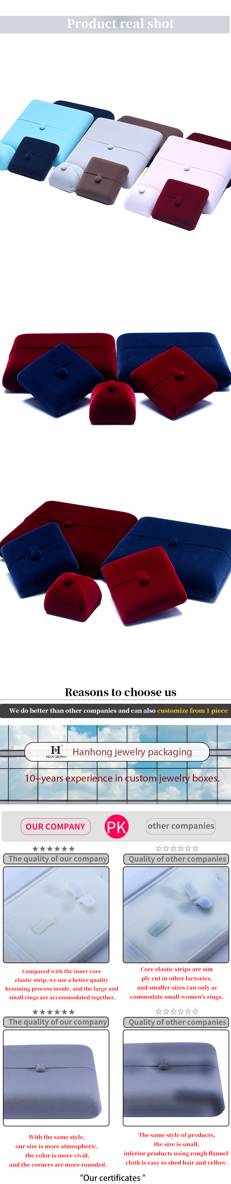 10*10*3cm Hanhong Custom Logo Luxury Jewelry Packaging Box Velvet Necklace Ring Bracelet Earrings