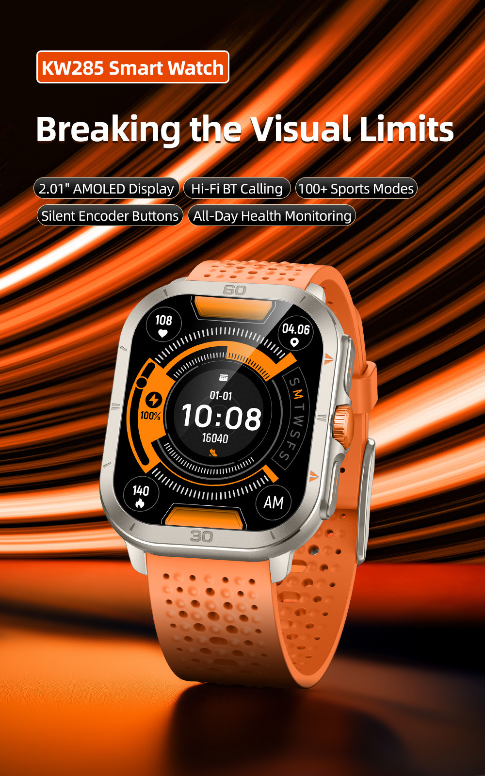 KW285 Square Shape Smart Watch Make and Receive Calls with Bluetooth Functionality and Dynamic Heart Rate Monitoring