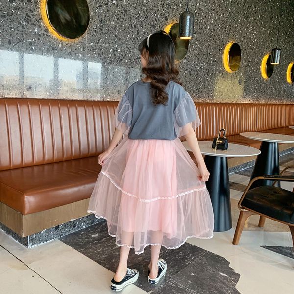 Girls Gray Round Collar T-Shirt Net Gauze Skirt Summer Dress Two Sets