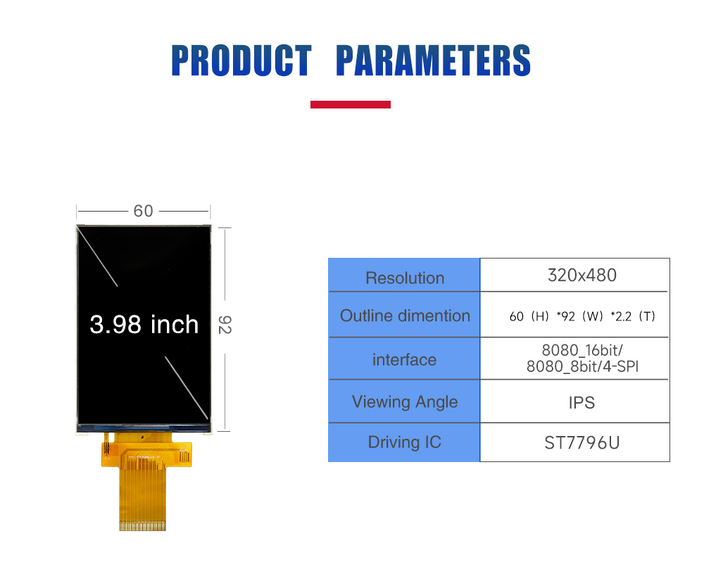 3.98 Inch TFT LCD Module SPI IC ST7796U 320x480 Resolution IPS LCD Display