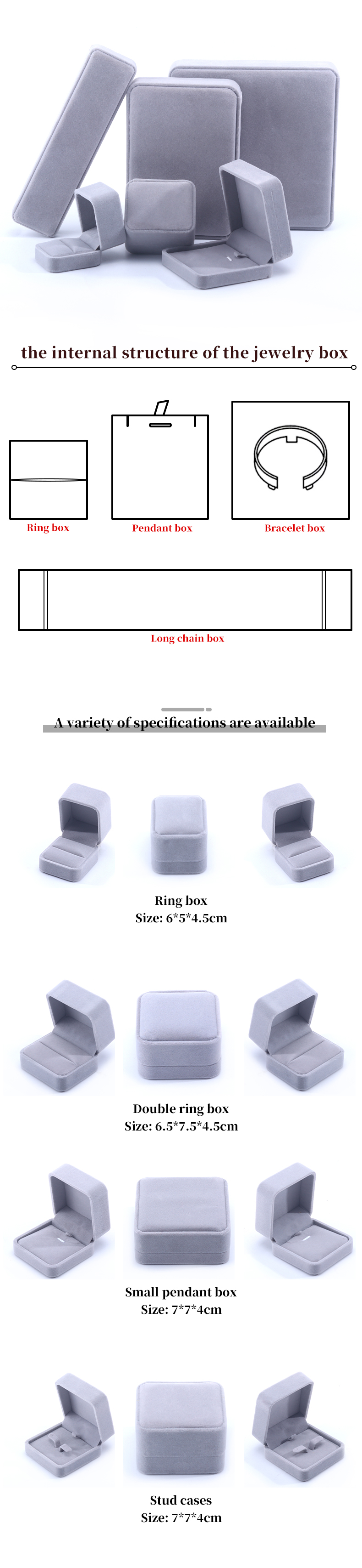Customized Size Gray Velvet Jewelry Box for Necklace Stud Earrings Bracelet Packaging