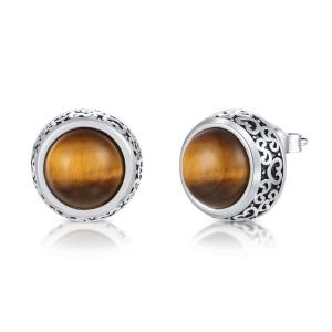 Wholesale 3.39gram Tiger Eye Stud Earrings Round Bezel Oil Black 925 Sterling Silver from china suppliers