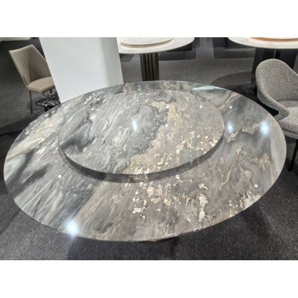 Italian Palissandro Blue Marble Round Dining Table with Polished Surface and Gray Blue White Veins