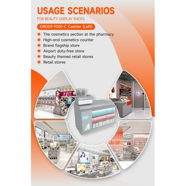 GDR09-Y001-C Retail Display Counter with Acrylic Panel Graphics and Cable Management Hole for Cosmetics Counter
