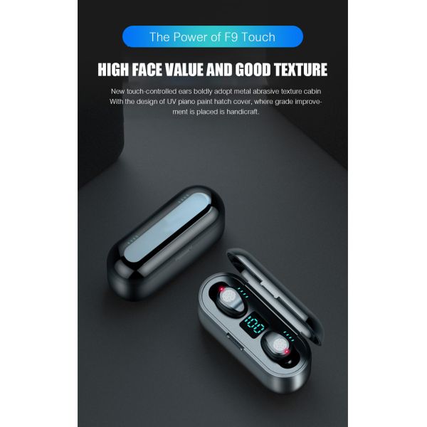 Wireless Earphone Bluetooth V5.0 F9 Tws Wireless Bluetooth LED Display Headphone (With 2000mAh Power Bank Headset, With Microphone)