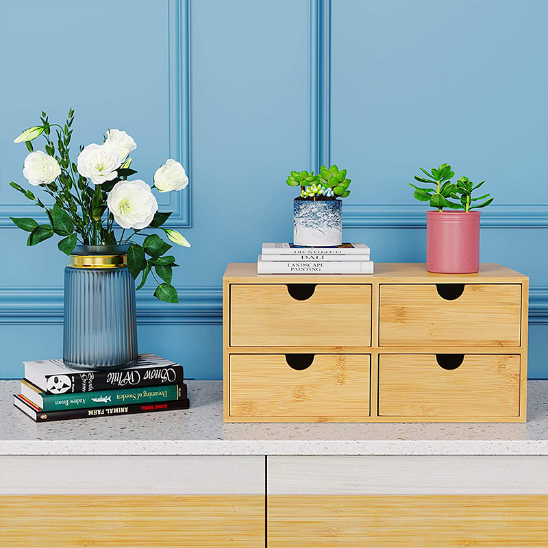 4 Tidy Box 2 Tier Desk Organizer Bamboo Cabinet with Drawers and Budget-Friendly
